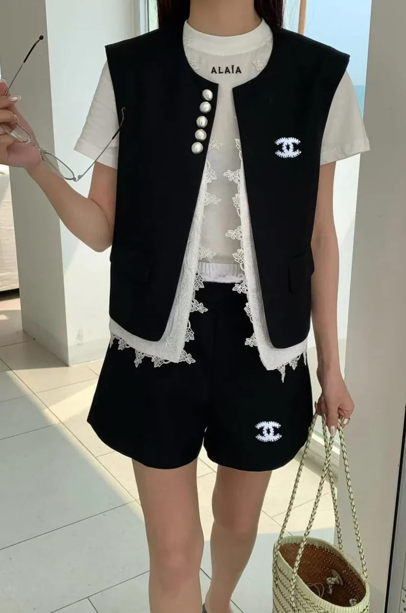 Chanel Black Sleeveless Vest with Pearl Set