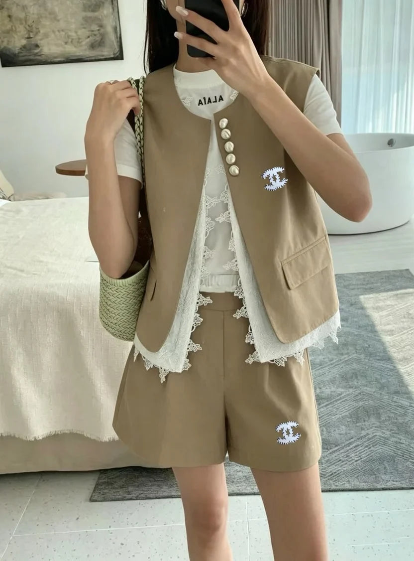 Chanel Beige Sleeveless Vest with Pearl Set