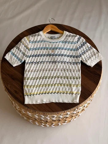 Chanel Chevron Pointelle Open-Knit Short-Sleeve Top