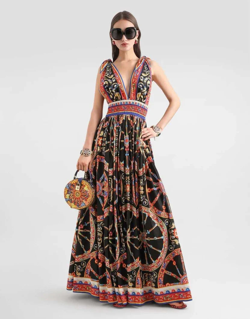 Dolce & Gabbana Carretto-print Long Poplin Dress