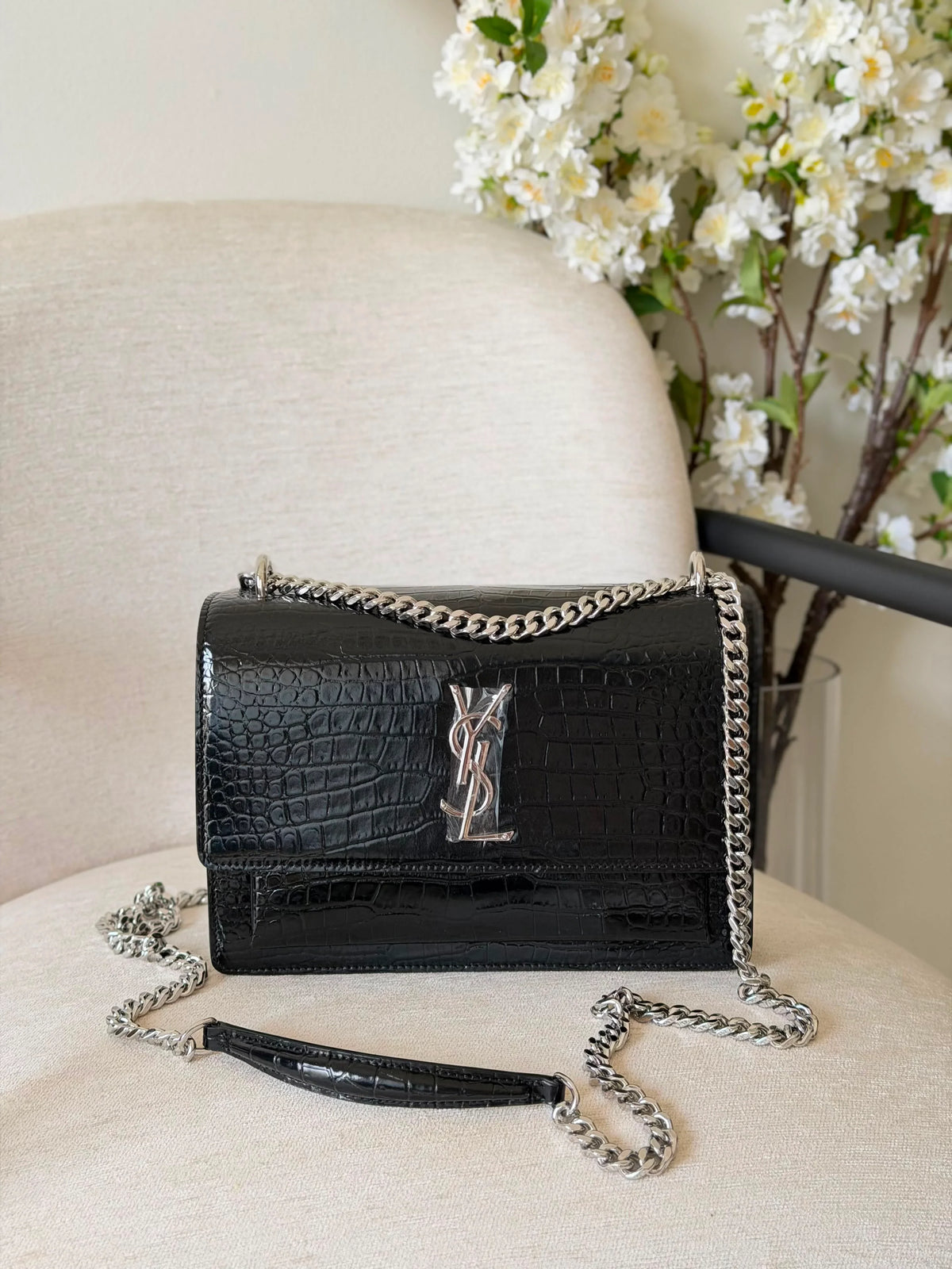 Saint Laurent Sunset Bag Crocodile-Embossed Leather