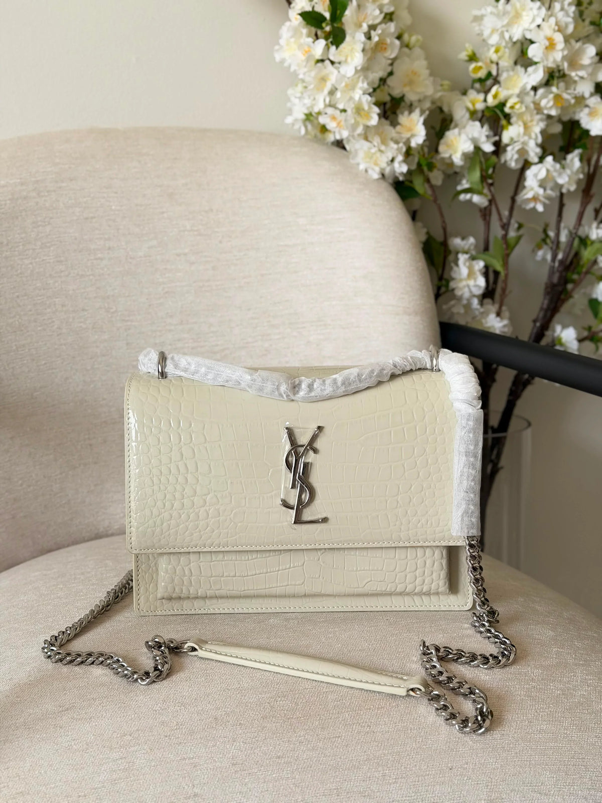 Saint Laurent Sunset Bag Crocodile-Embossed Leather