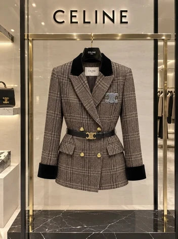 Celine Double-Breasted Plaid Wool Blazer Jacket