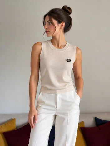 Chanel CC Badge Round Neck Wool Knit Vest