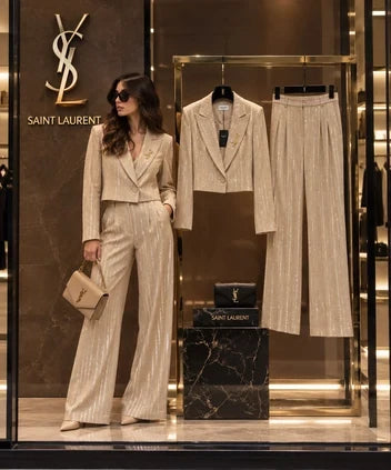 Saint Laurent Crystal-Pinstripe Cropped Blazer and Wide-Leg Trousers Suit