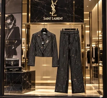 Saint Laurent Crystal-Pinstripe Cropped Blazer and Wide-Leg Trousers Suit