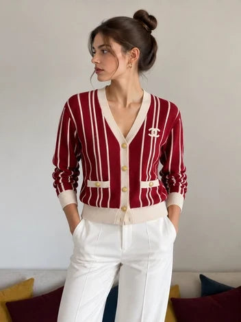 Chanel Striped Cashmere & Wool Knit Cardigan