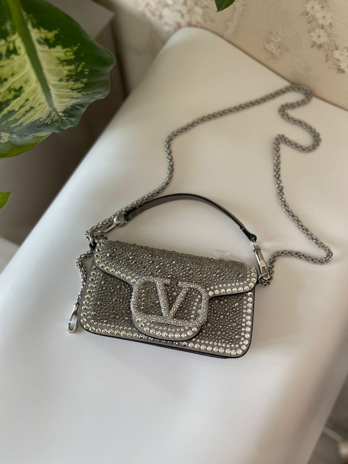 Valentino Locò Small Shoulder Bag in Denim with Crystals