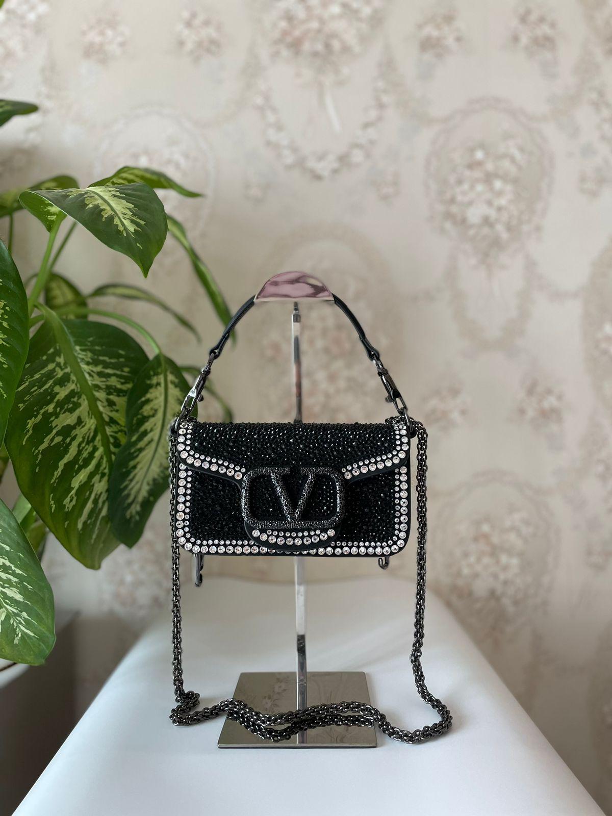 Valentino Locò Small Shoulder Bag in Denim with Crystals
