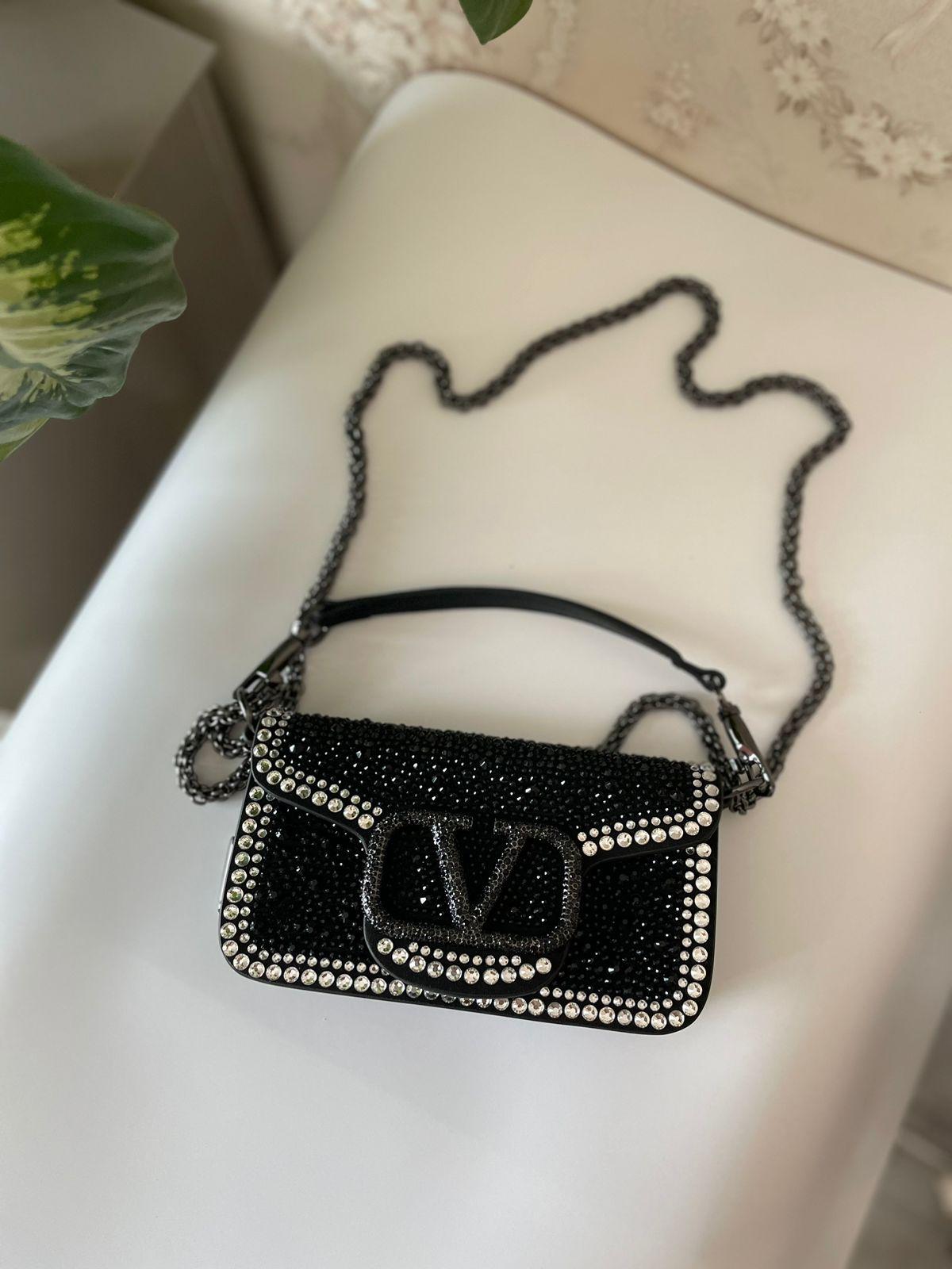 Valentino Locò Small Shoulder Bag in Denim with Crystals