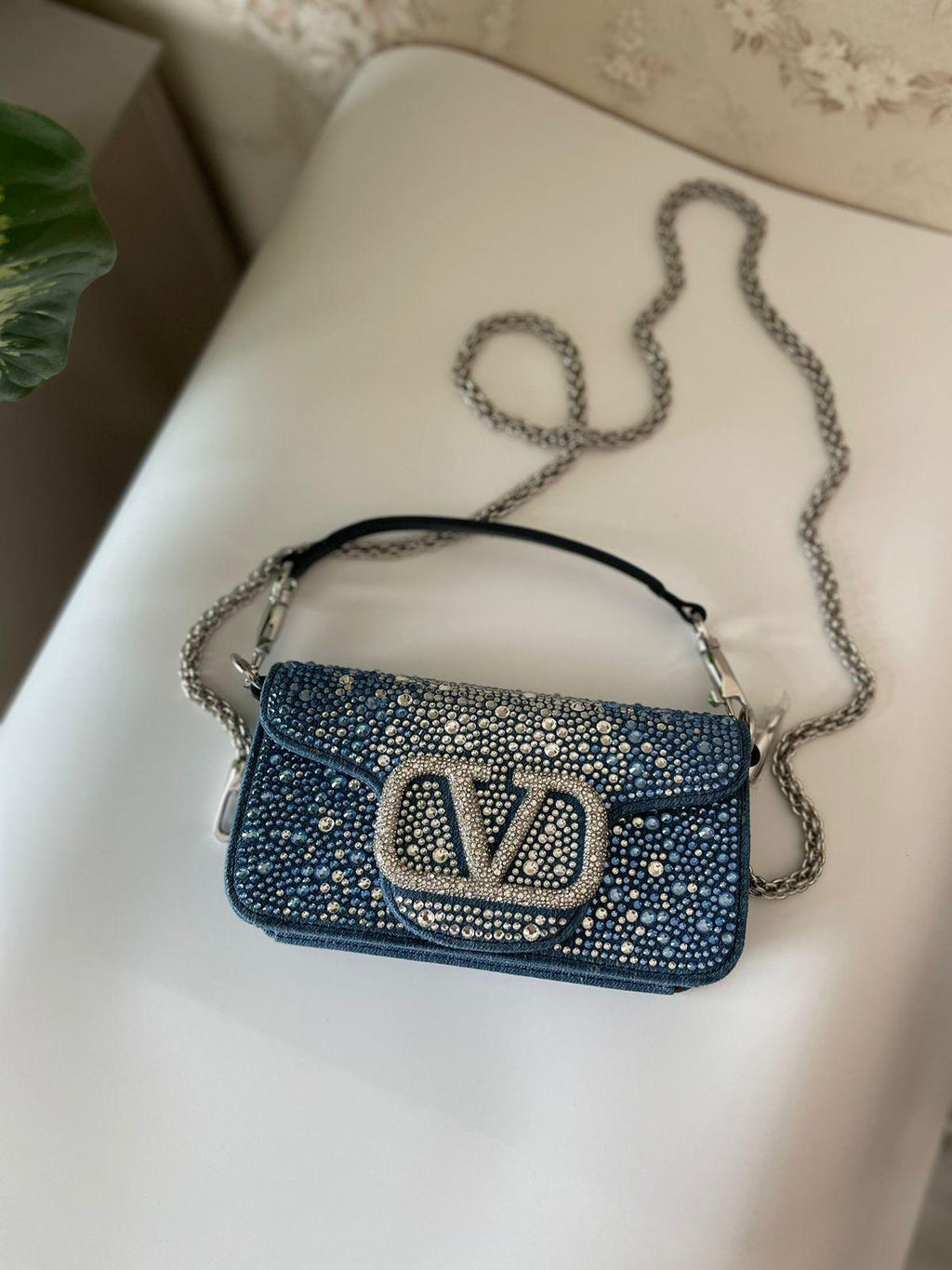 Valentino Locò Small Shoulder Bag in Denim with Crystals