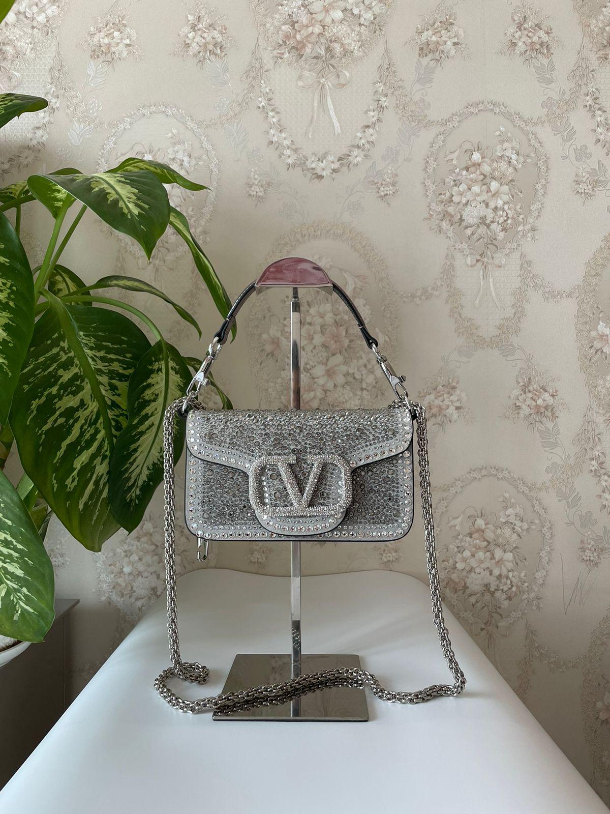 Valentino Locò Small Shoulder Bag in Denim with Crystals