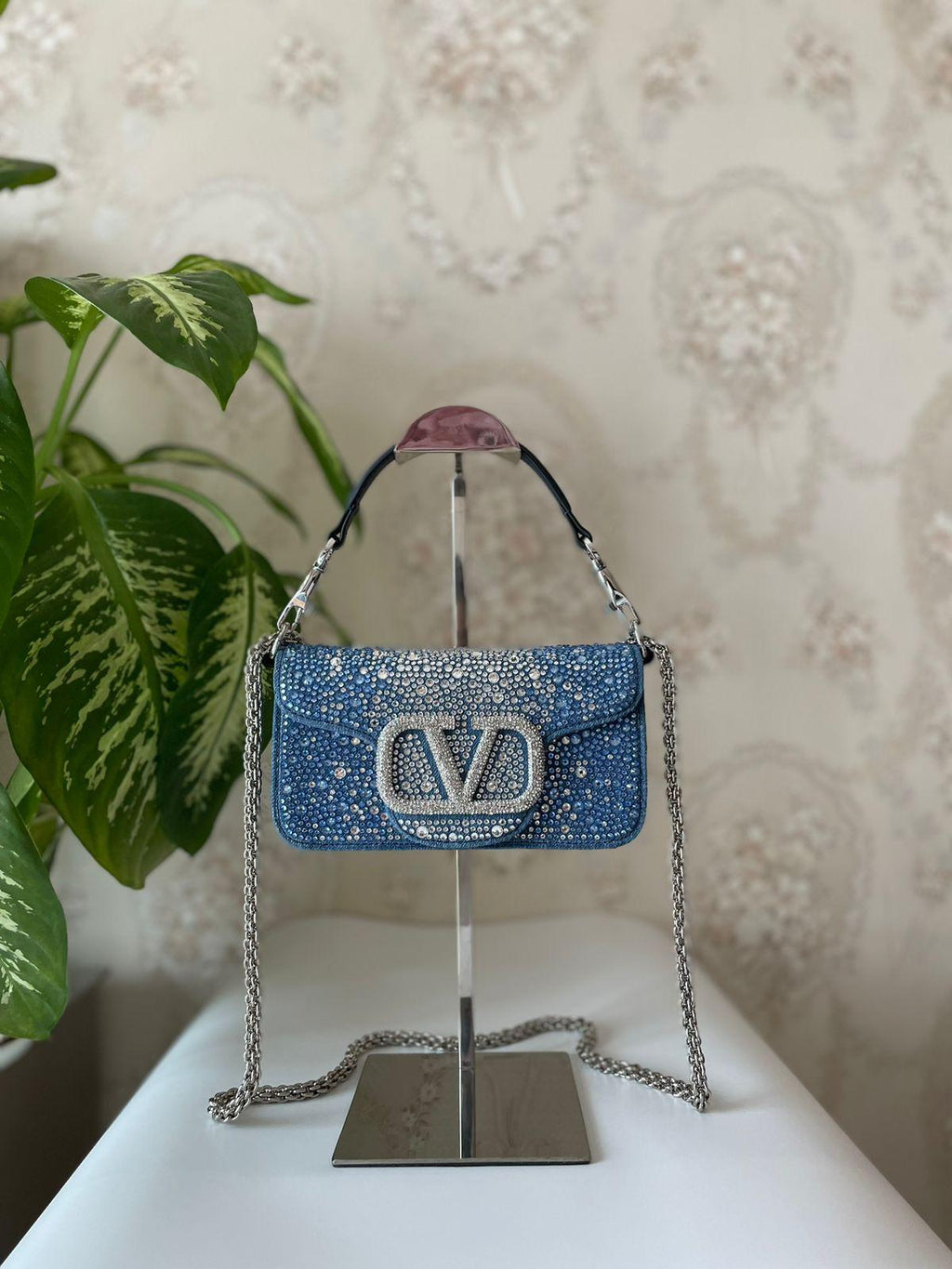 Valentino Locò Small Shoulder Bag in Denim with Crystals