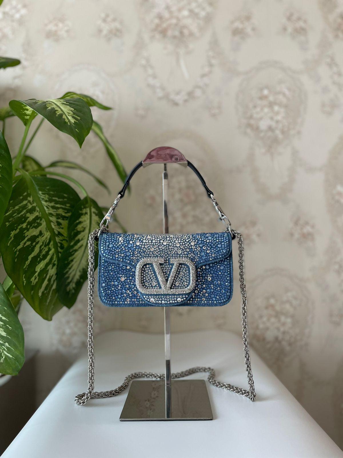 Valentino Locò Small Shoulder Bag in Denim with Crystals