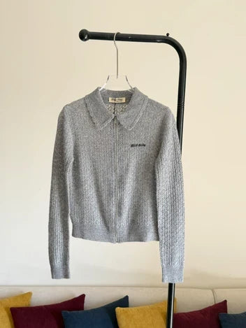 Miu Miu Zip Cardigan in Cashmere Silk Pointelle