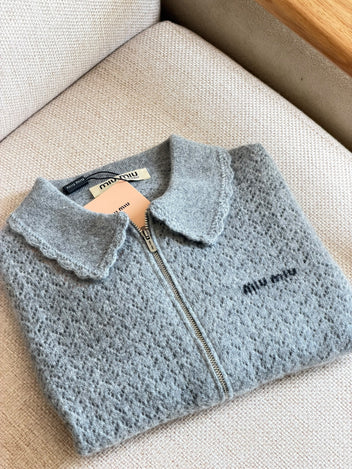 Miu Miu Zip Cardigan in Cashmere Silk Pointelle