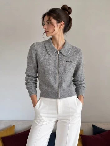 Miu Miu Zip Cardigan in Cashmere Silk Pointelle