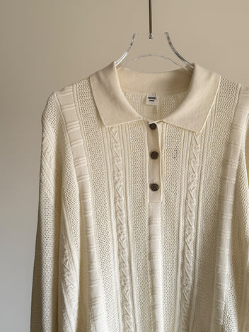 Hermes Cable Stitch and Mesh Knit Long-Sleeve Polo Sweater
