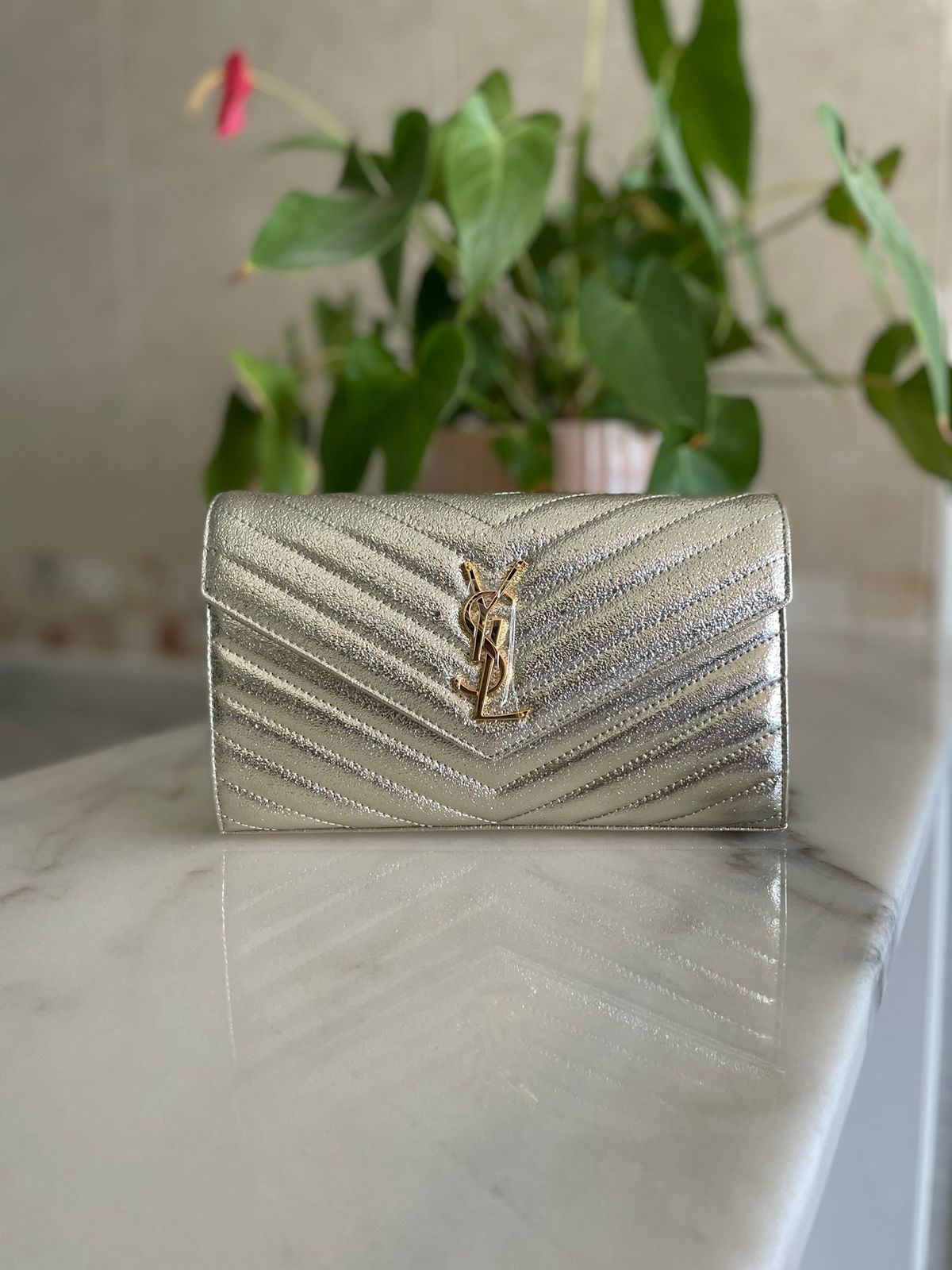 Saint Laurent Quilted Matelassé Chain Wallet
