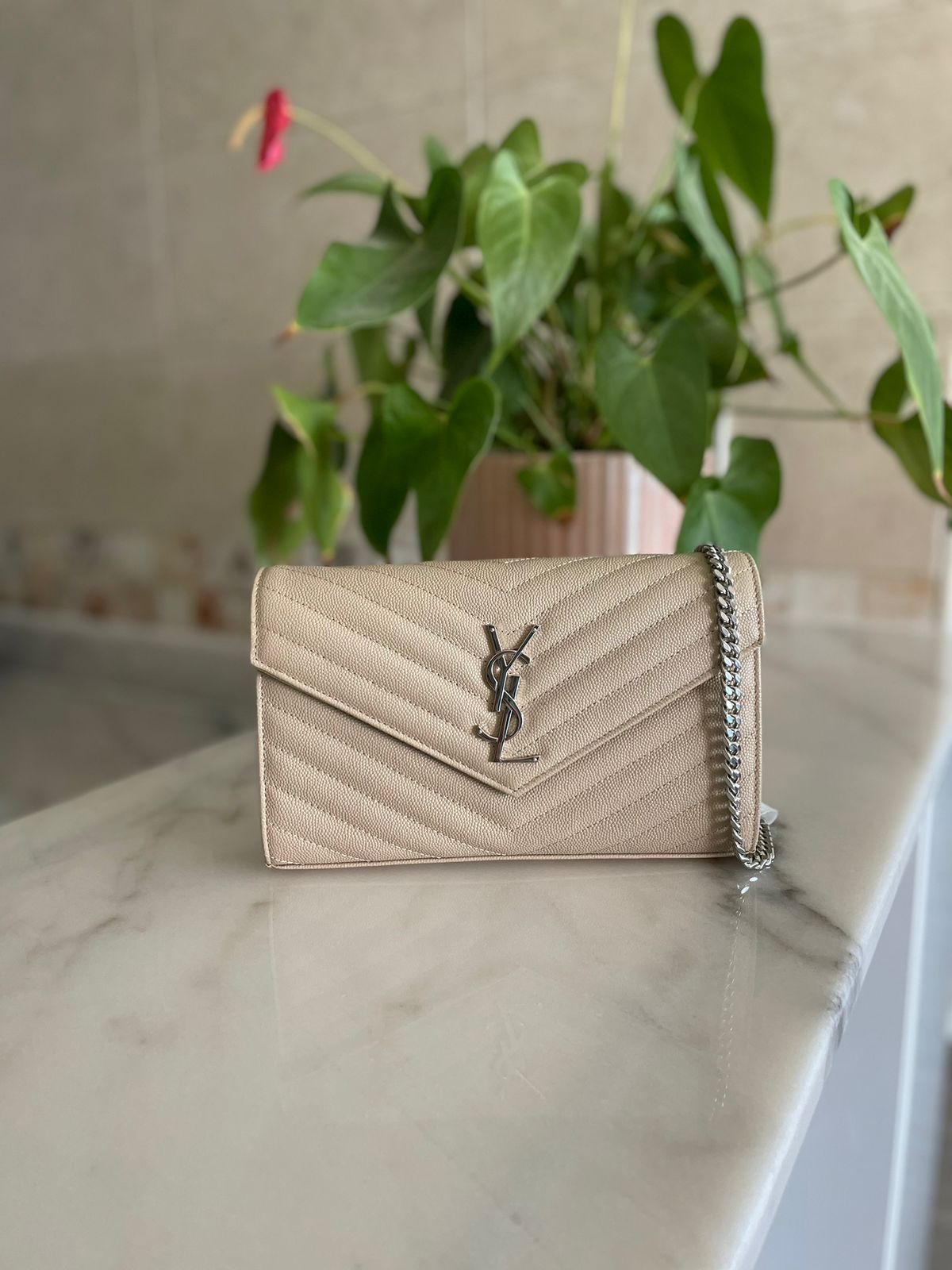 Saint Laurent Quilted Matelassé Chain Wallet
