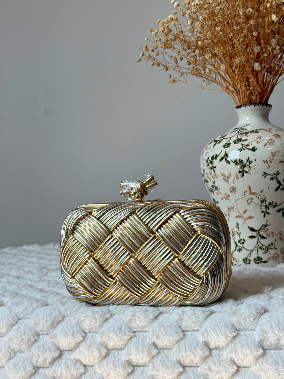Bottega Veneta Metallic & Leather Intrecciato Knot Clutch Bag