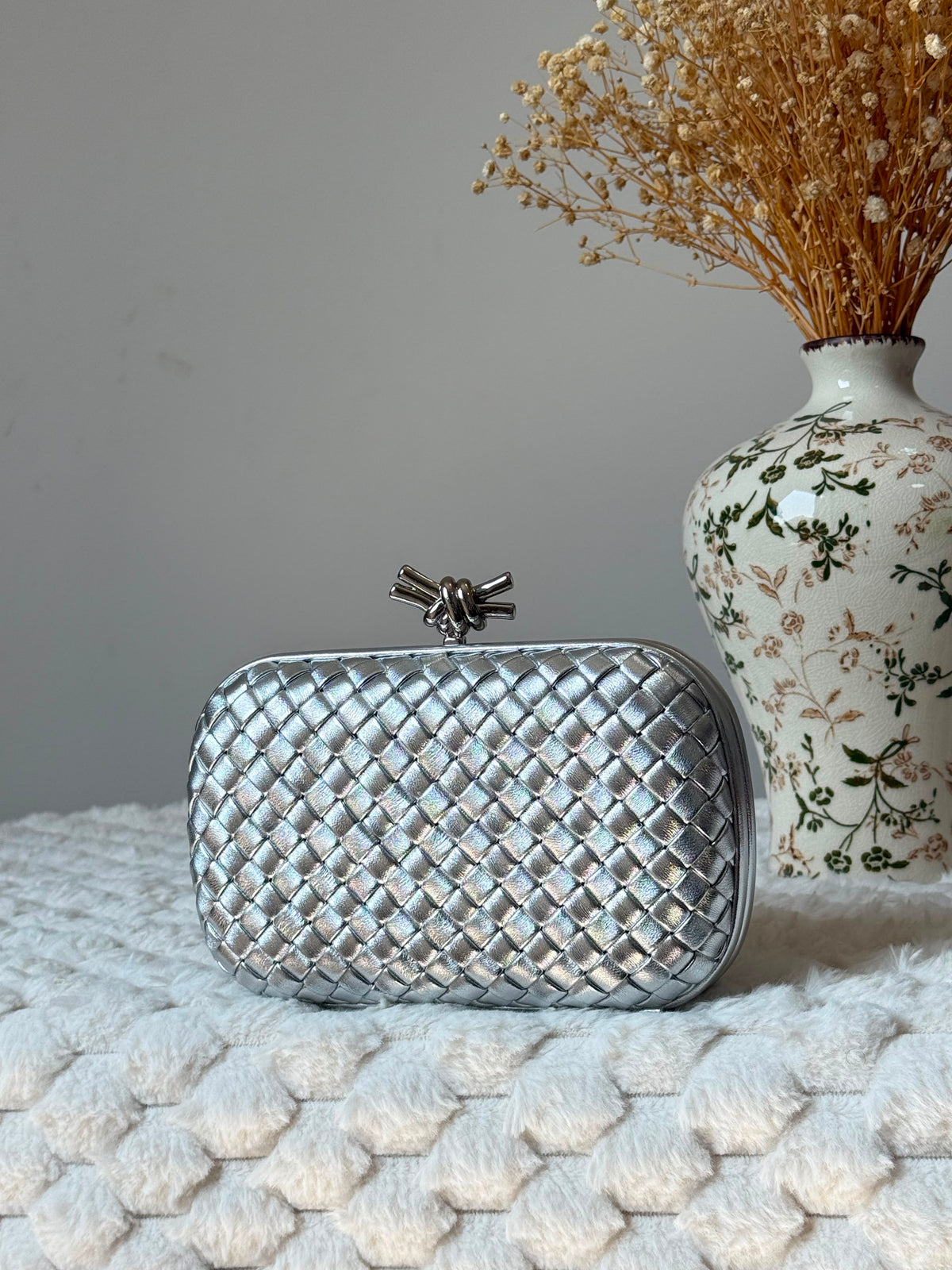 Bottega Veneta Metallic & Leather Intrecciato Knot Clutch Bag