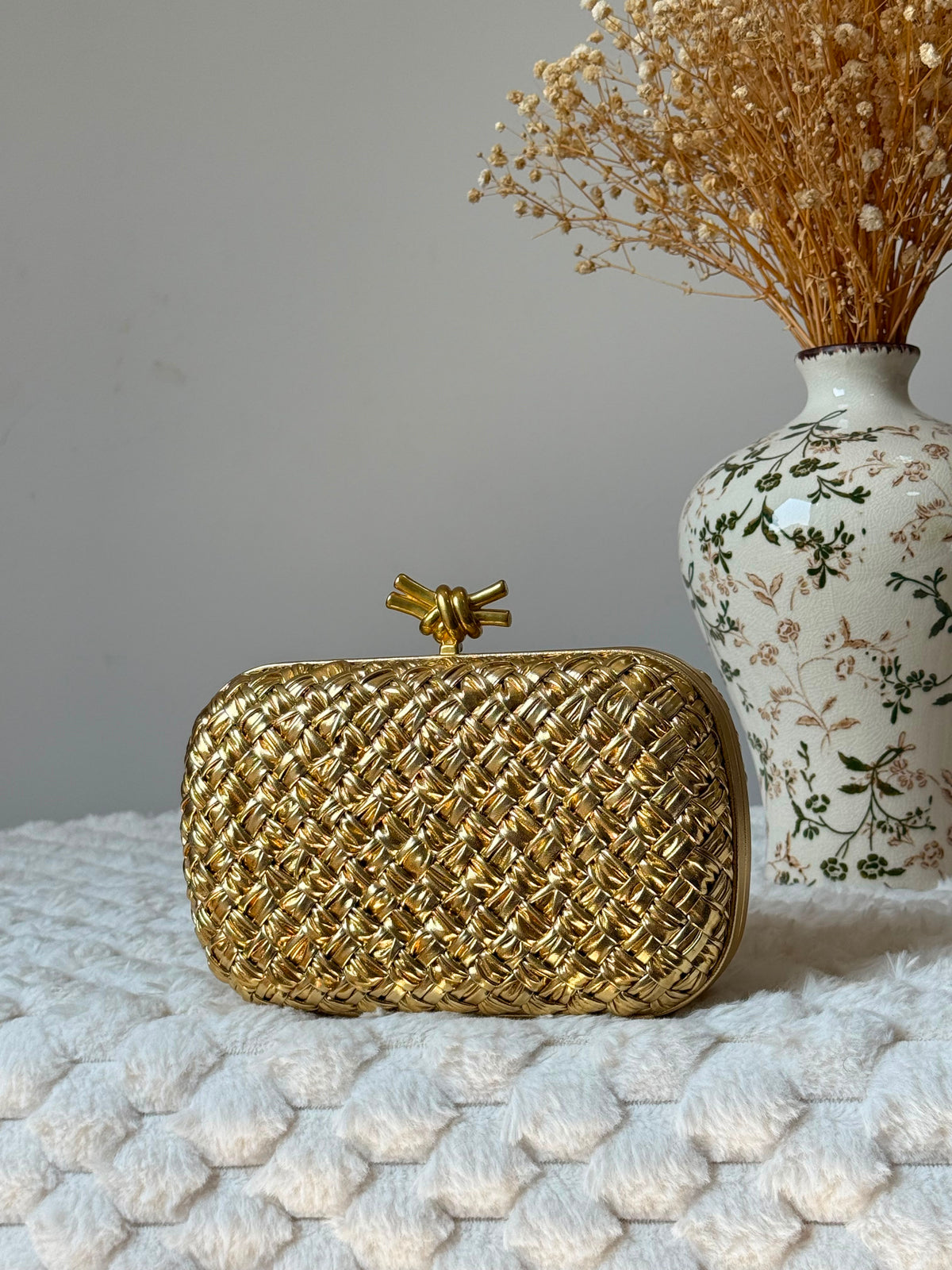 Bottega Veneta Metallic & Leather Intrecciato Knot Clutch Bag