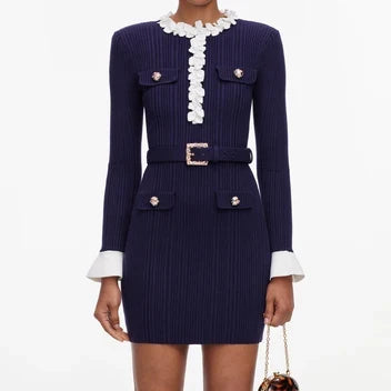 Self-Portrait Navy Flower Rib Knit Mini Dress