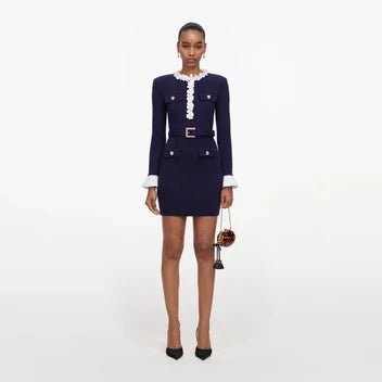Self-Portrait Navy Flower Rib Knit Mini Dress