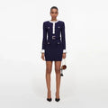 Self-Portrait Navy Flower Rib Knit Mini Dress