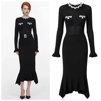 Self-Portrait Black Pearl Trim Knit Midi Dress