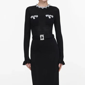 Self-Portrait Black Pearl Trim Knit Midi Dress