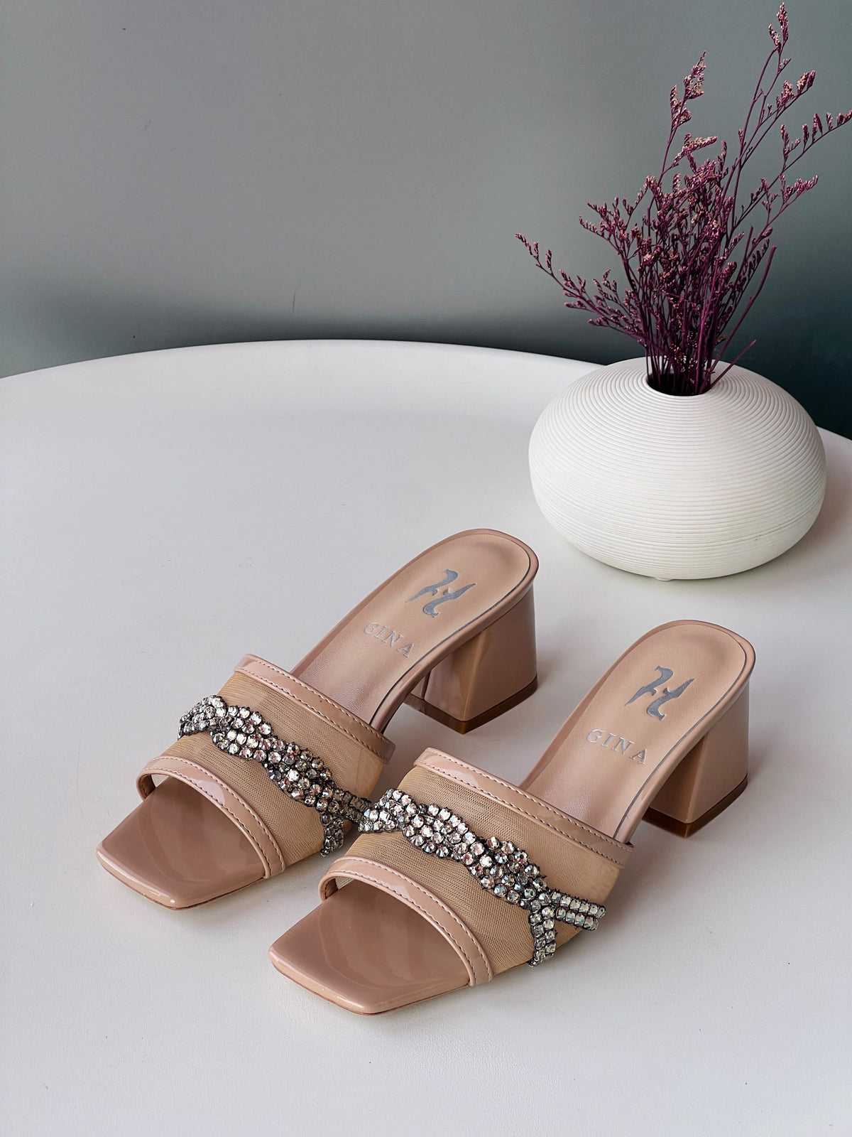Gina Crystal-Embellished Block Heel Mules
