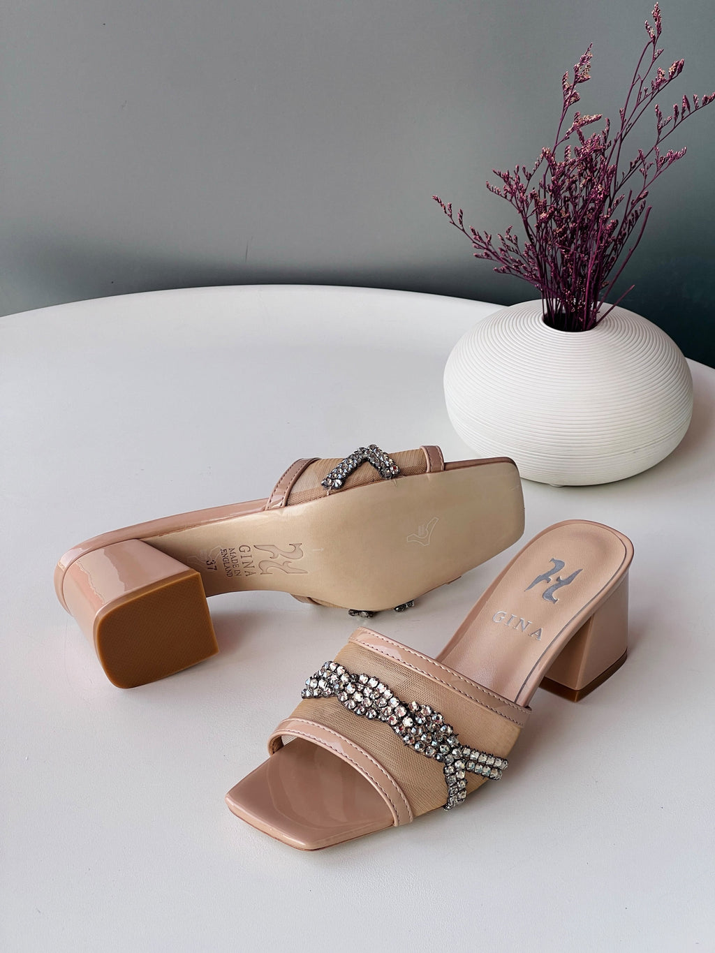 Gina Crystal-Embellished Block Heel Mules