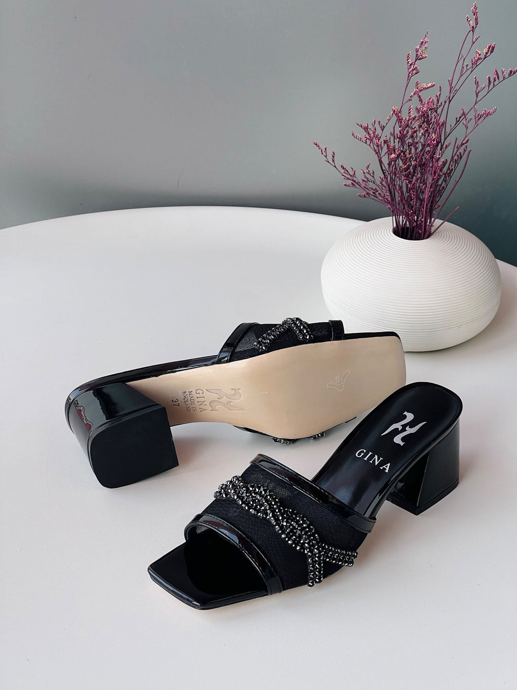 Gina Crystal-Embellished Block Heel Mules