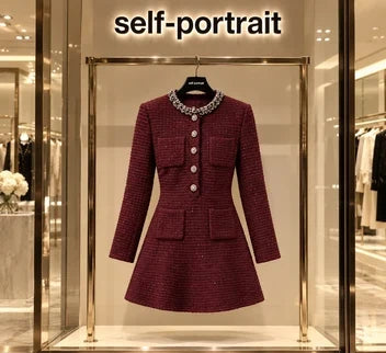 Self-Portrait Burgundy Textured Knit Embellished Mini Dress