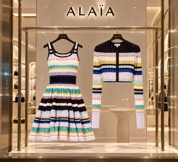 Alaia Striped Pointelle-Knit Mini Dress and Matching Cropped Cardigan Set