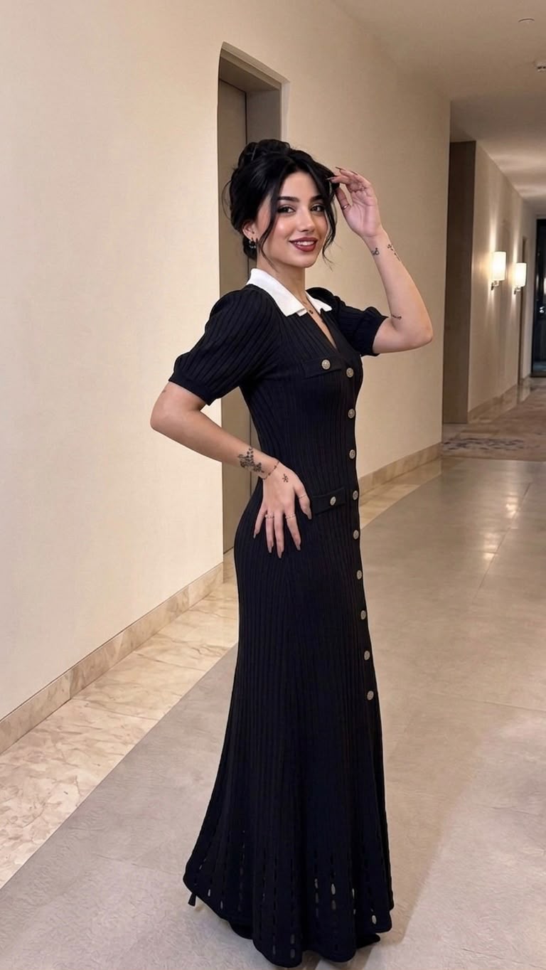 Chanel Button-Front Collared Knit Midi Dress