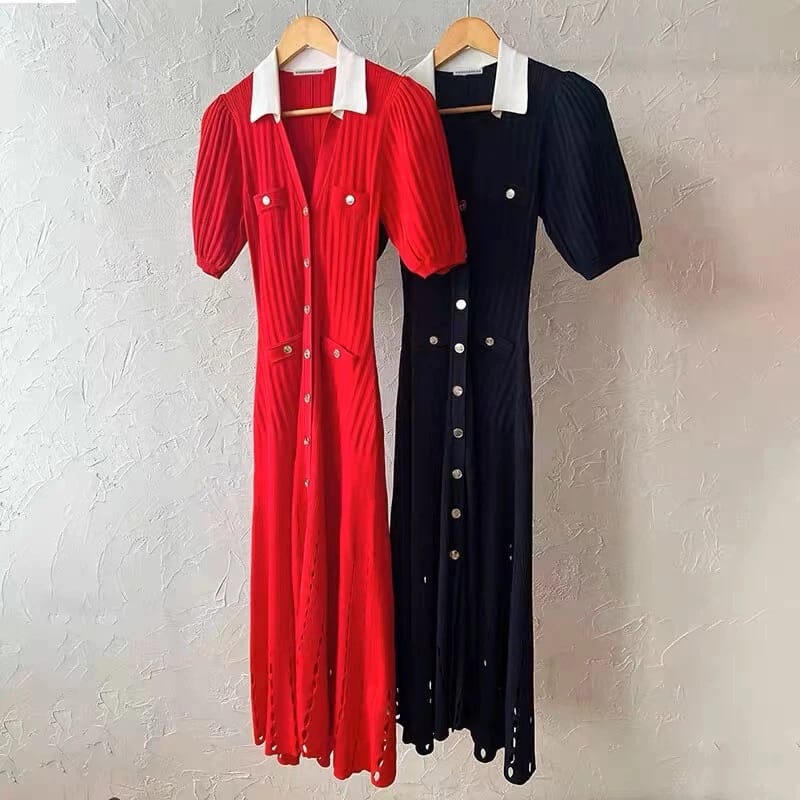 Chanel Button-Front Collared Knit Midi Dress