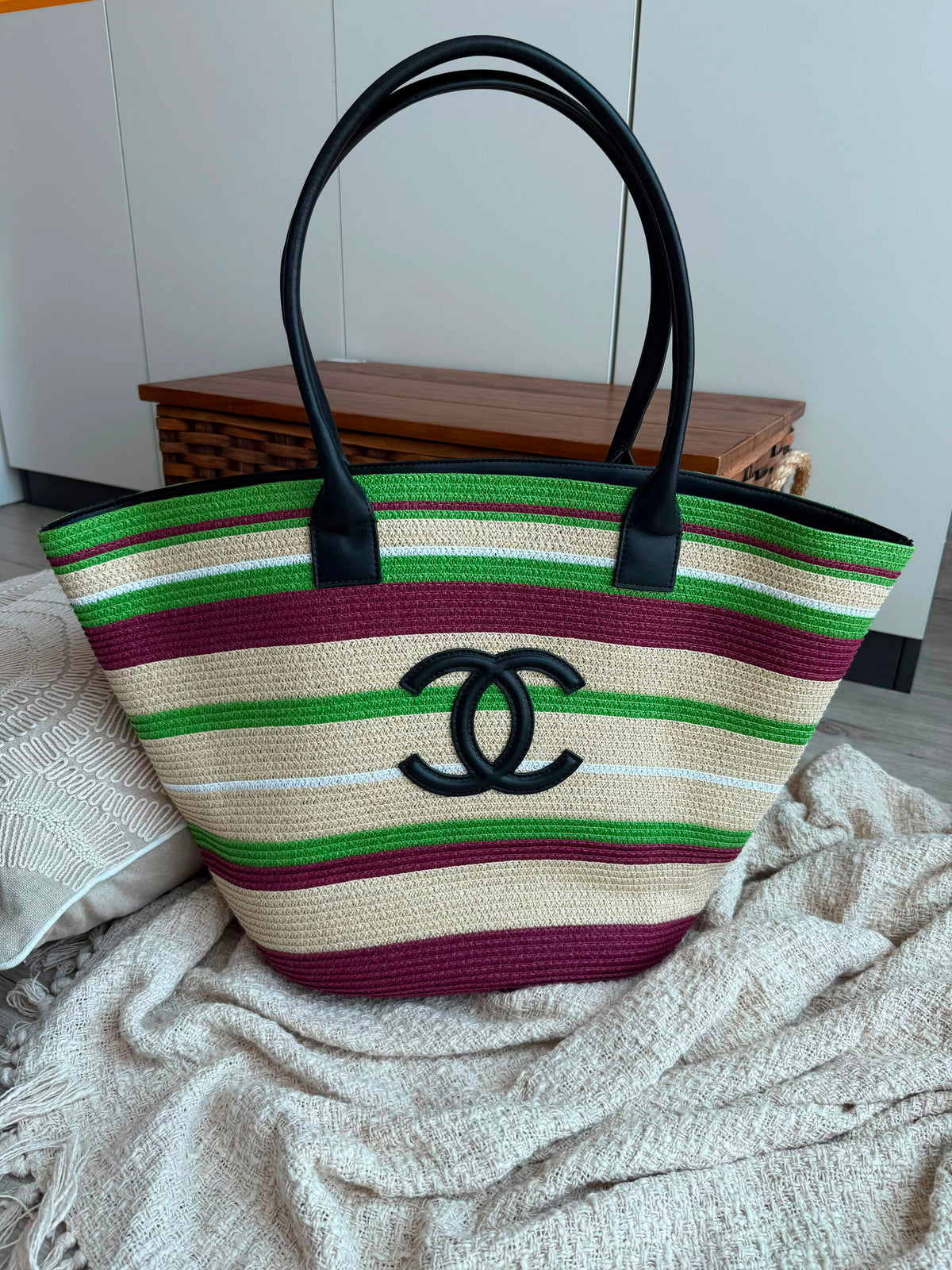 Chanel Coco Beach Striped Shopping Tote