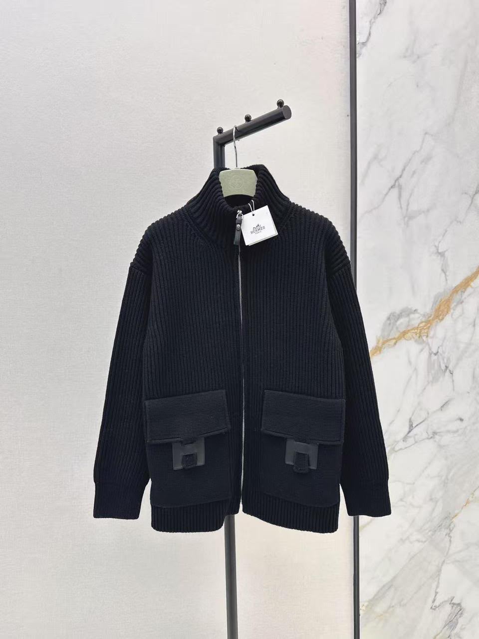 Hermès Ribbed Knit Zip-Up Cardigan with Leather