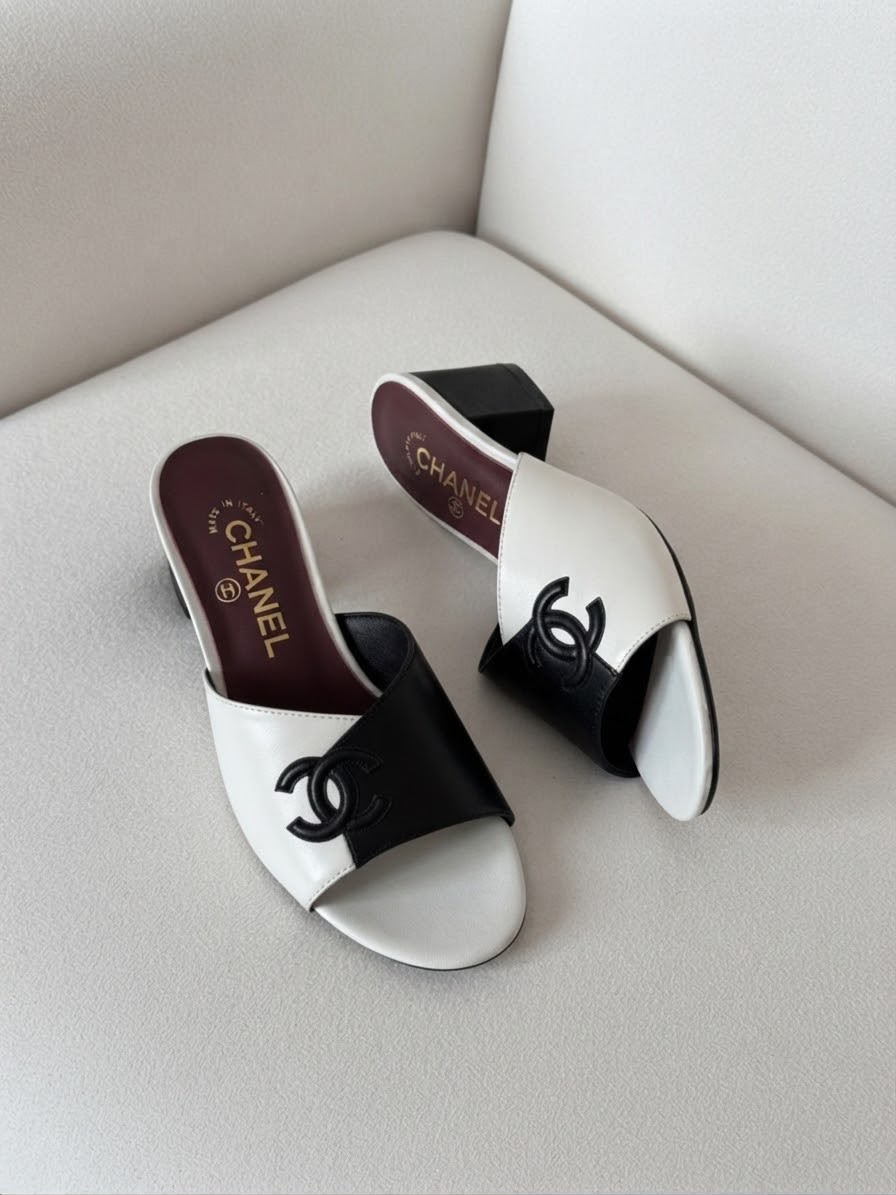 Chanel Two-Tone CC Logo Block Heel Mule Sandals