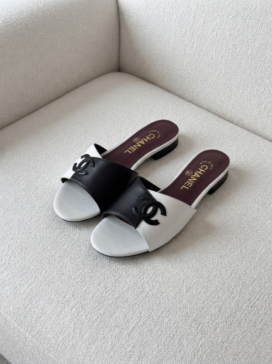 Chanel Two-Tone CC Logo Block Heel Mule Sandals