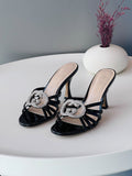 Gucci Interlocking G Crystal Buckle Metallic Leather Heeled Sandals