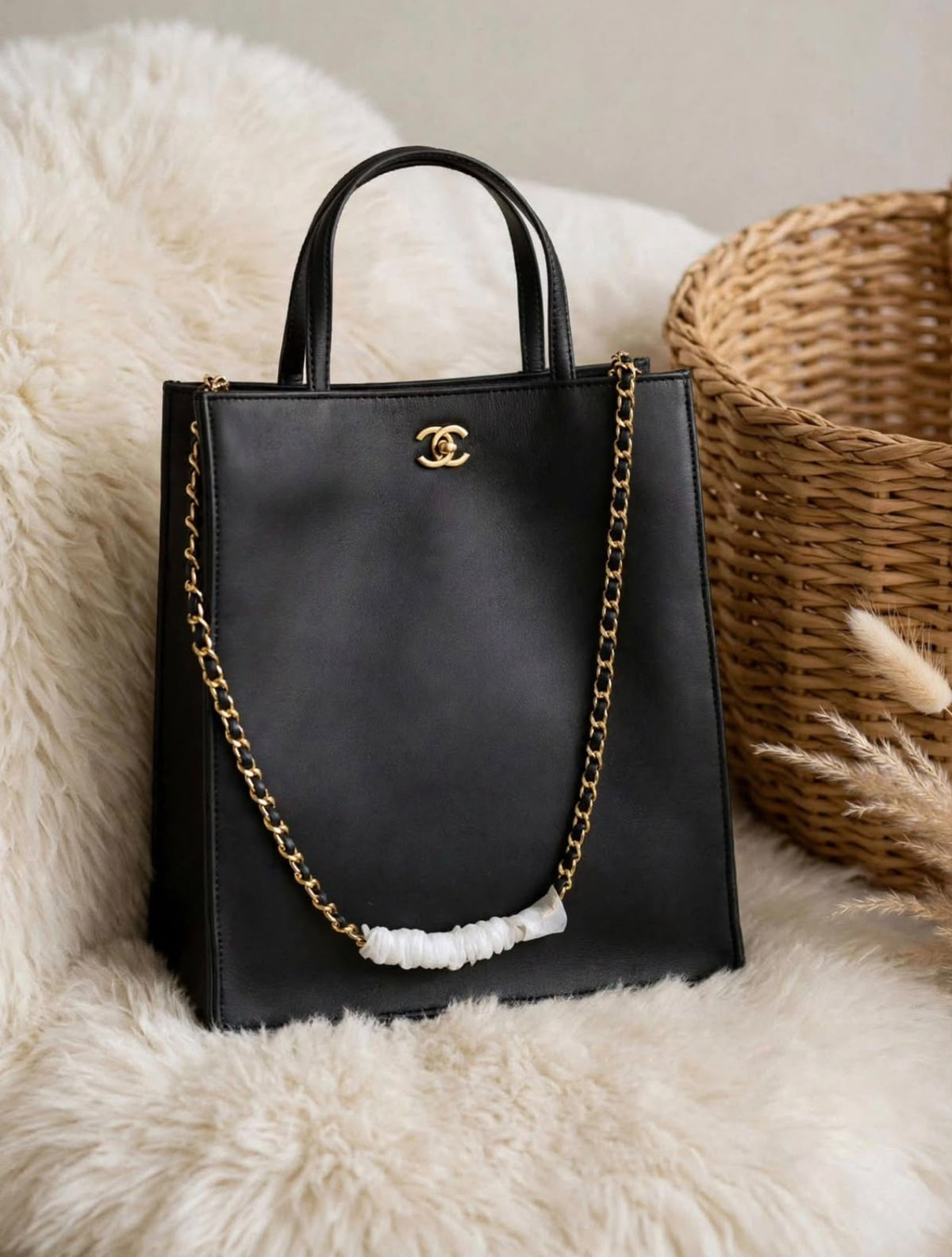 Chanel Leather Vertical Tote Bag with Chain Strap