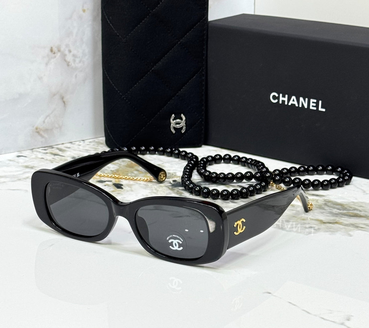 Chanel Rectangular Sunglasses with Pearl Chain
