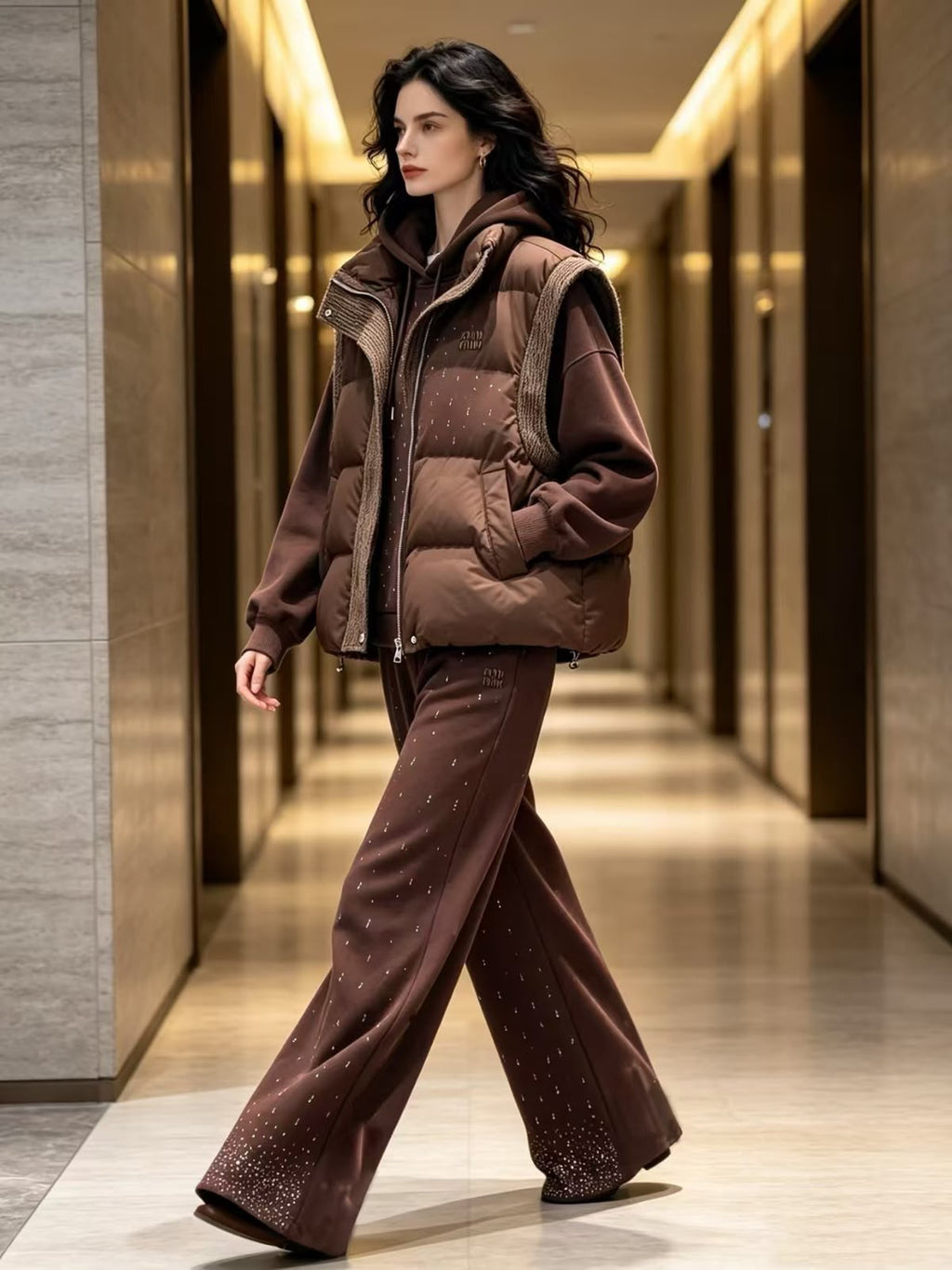 Miu Miu Crystal-Embellished Brown Tracksuit Set