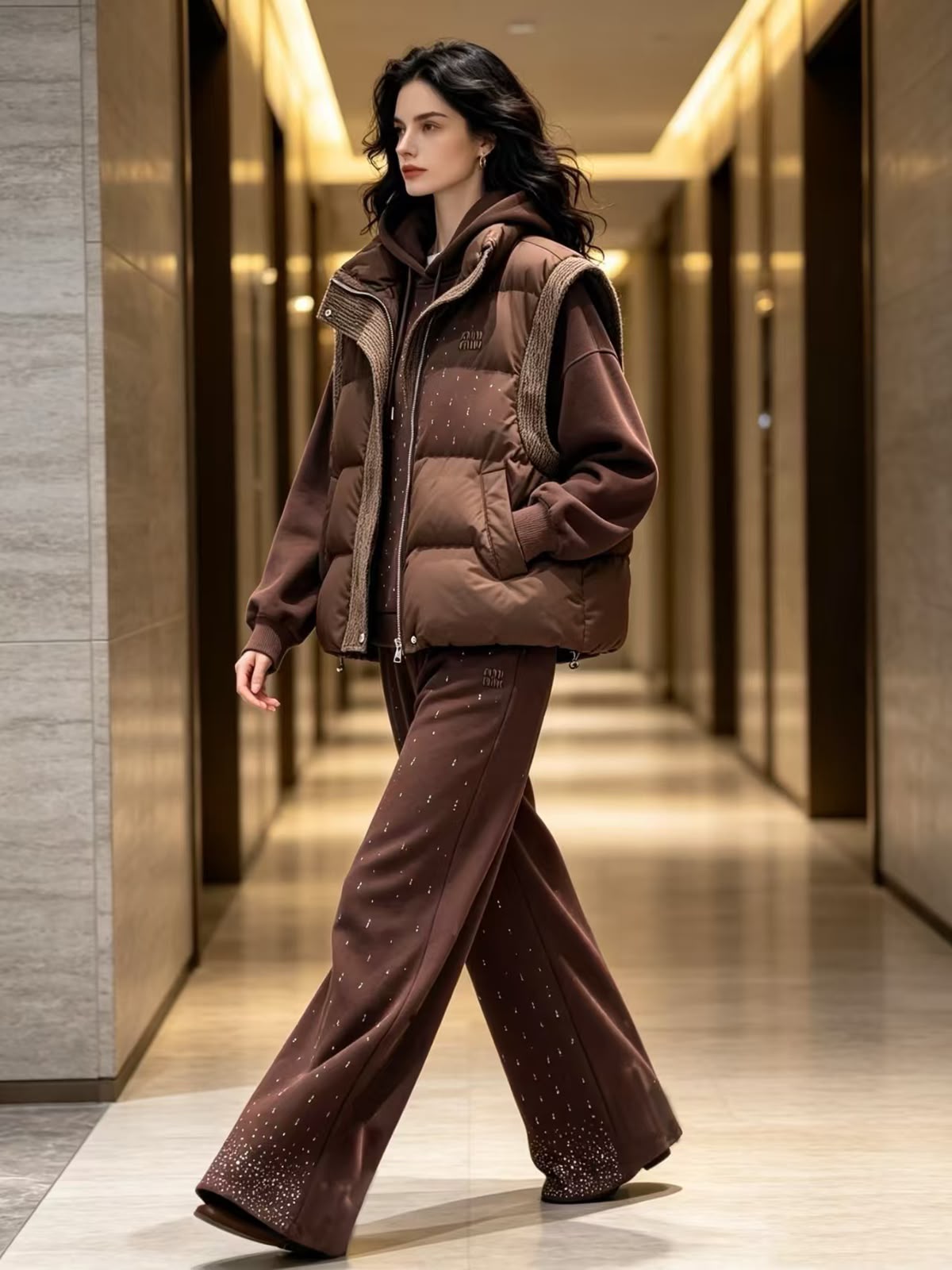 Miu Miu Crystal-Embellished Brown Tracksuit Set