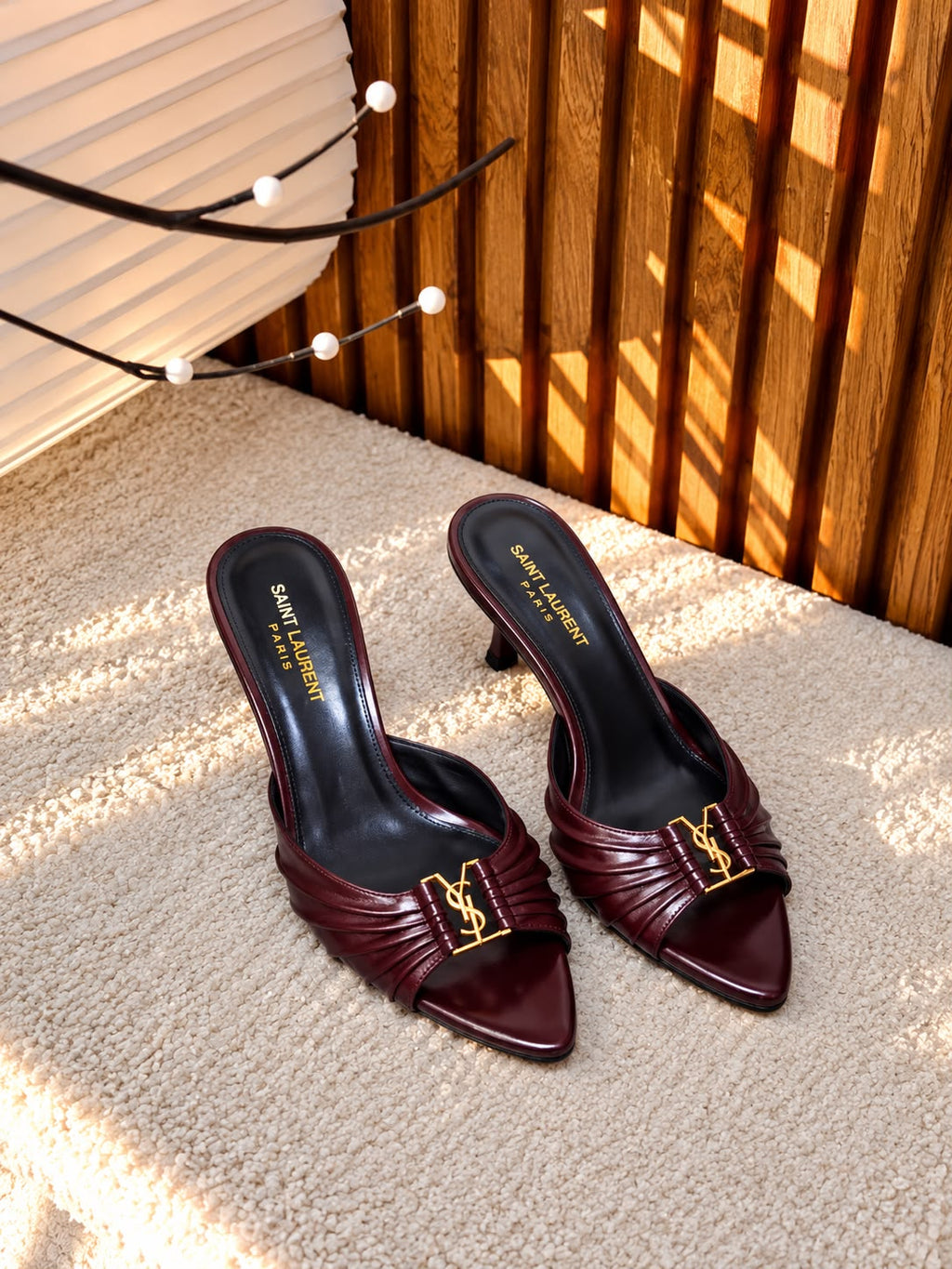 Saint Laurent Blanche Ruched YSL Logo Heeled Mules