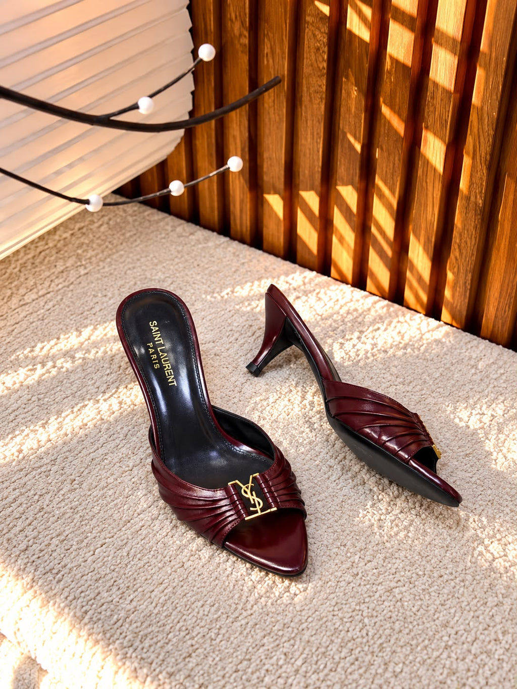 Saint Laurent Blanche Ruched YSL Logo Heeled Mules